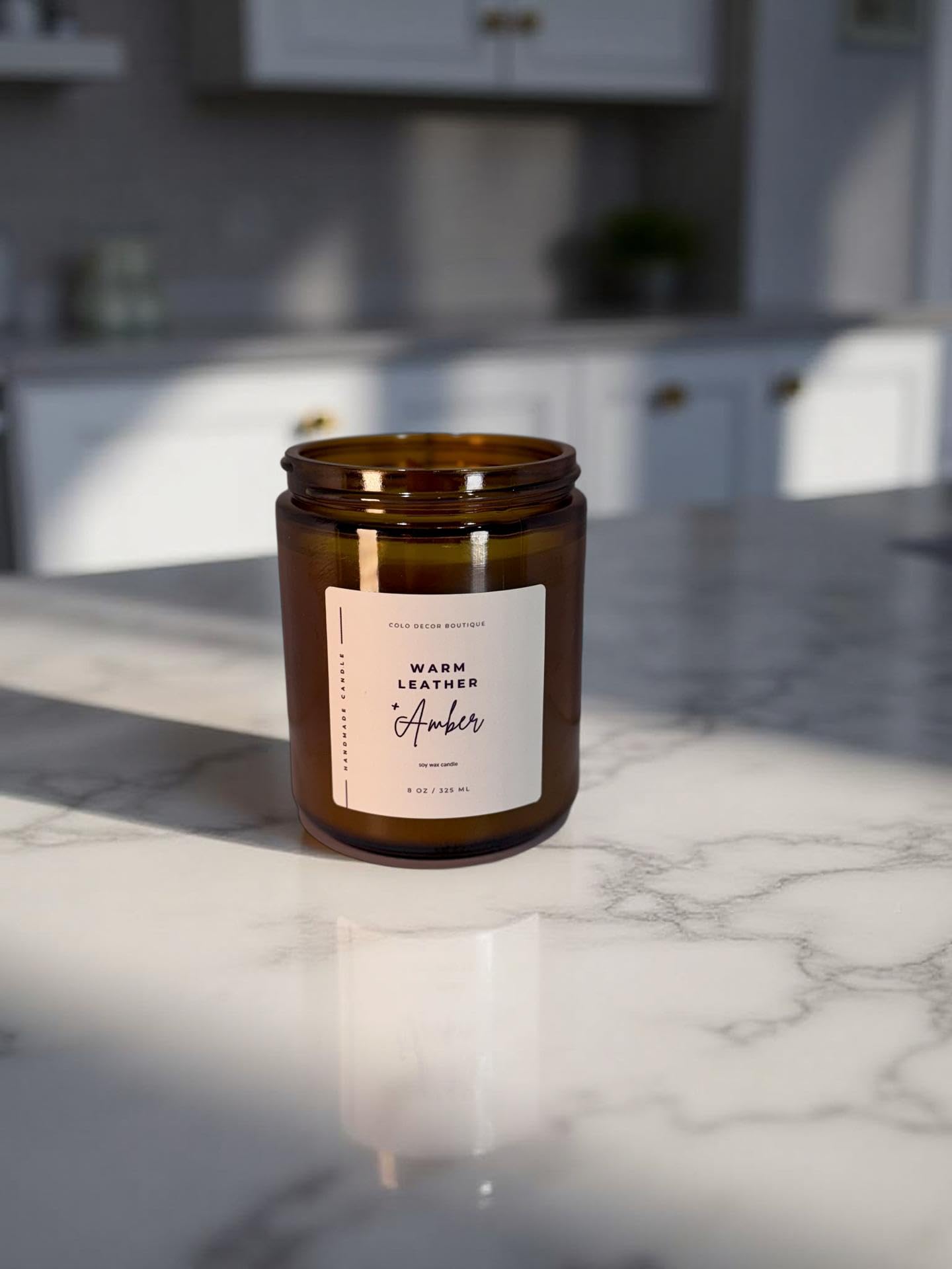 Warm Leather + Amber — Handmade Soy Candle in Amber Glass Jar | 8 oz