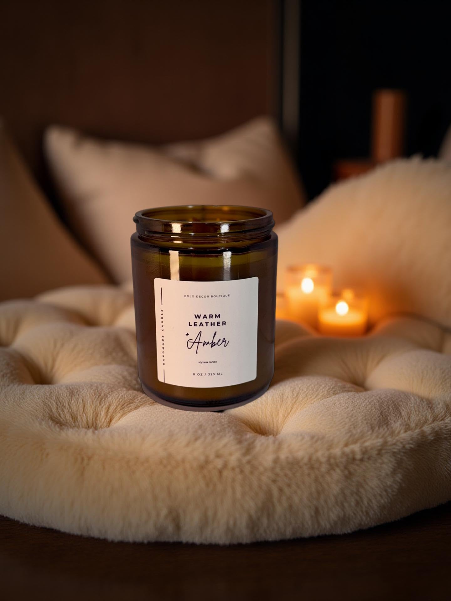 Warm Leather + Amber — Handmade Soy Candle in Amber Glass Jar | 8 oz