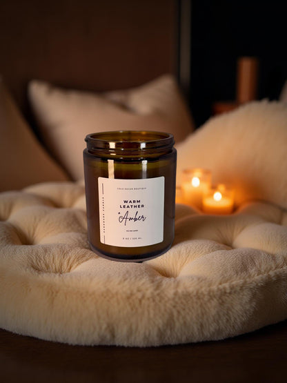 Warm Leather + Amber — Handmade Soy Candle in Amber Glass Jar | 8 oz