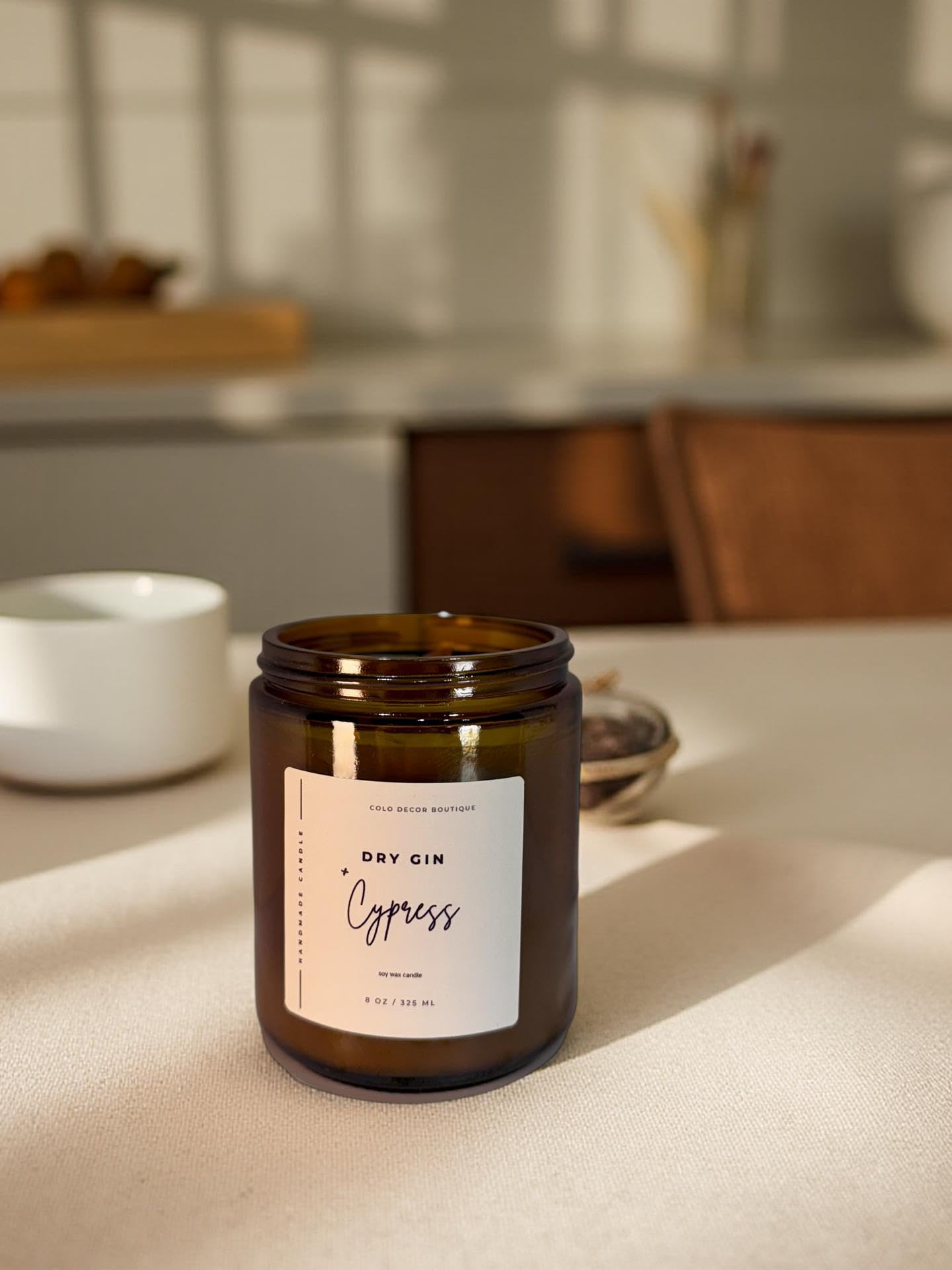 Dry Gin + Cypress — Handmade Soy Candle in Amber Jar with Wooden Wick | 8 oz