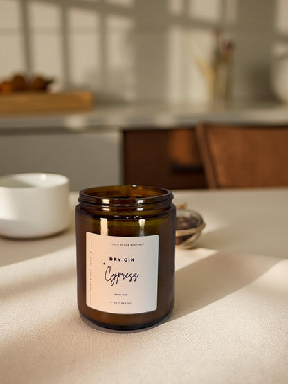 Dry Gin + Cypress — Handmade Soy Candle in Amber Jar with Wooden Wick | 8 oz