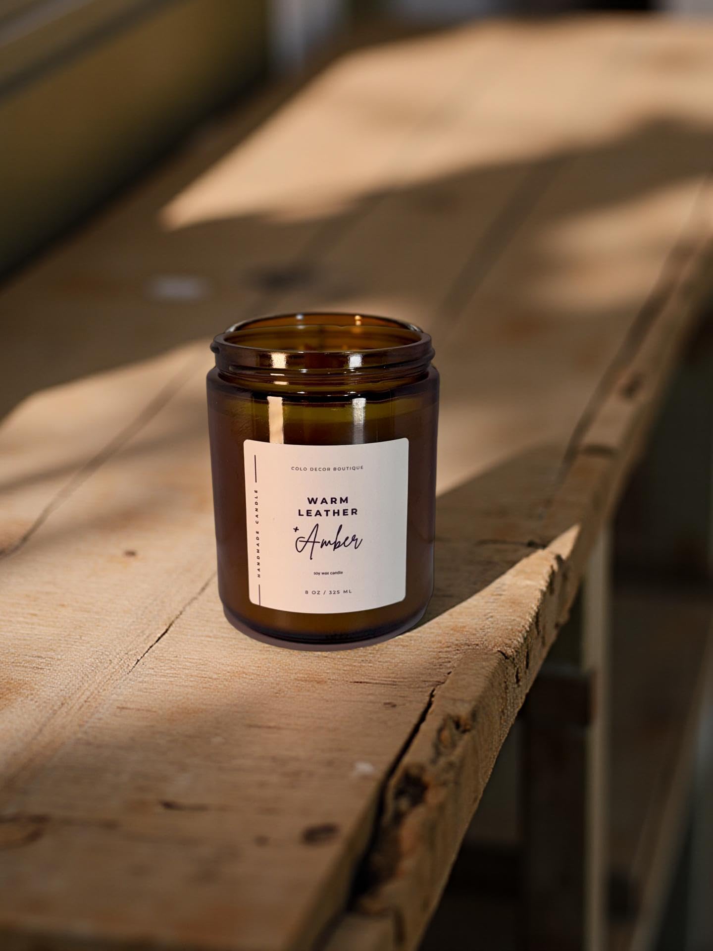 Warm Leather + Amber — Handmade Soy Candle in Amber Glass Jar | 8 oz