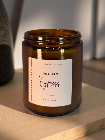 Dry Gin + Cypress — Handmade Soy Candle in Amber Jar with Wooden Wick | 8 oz