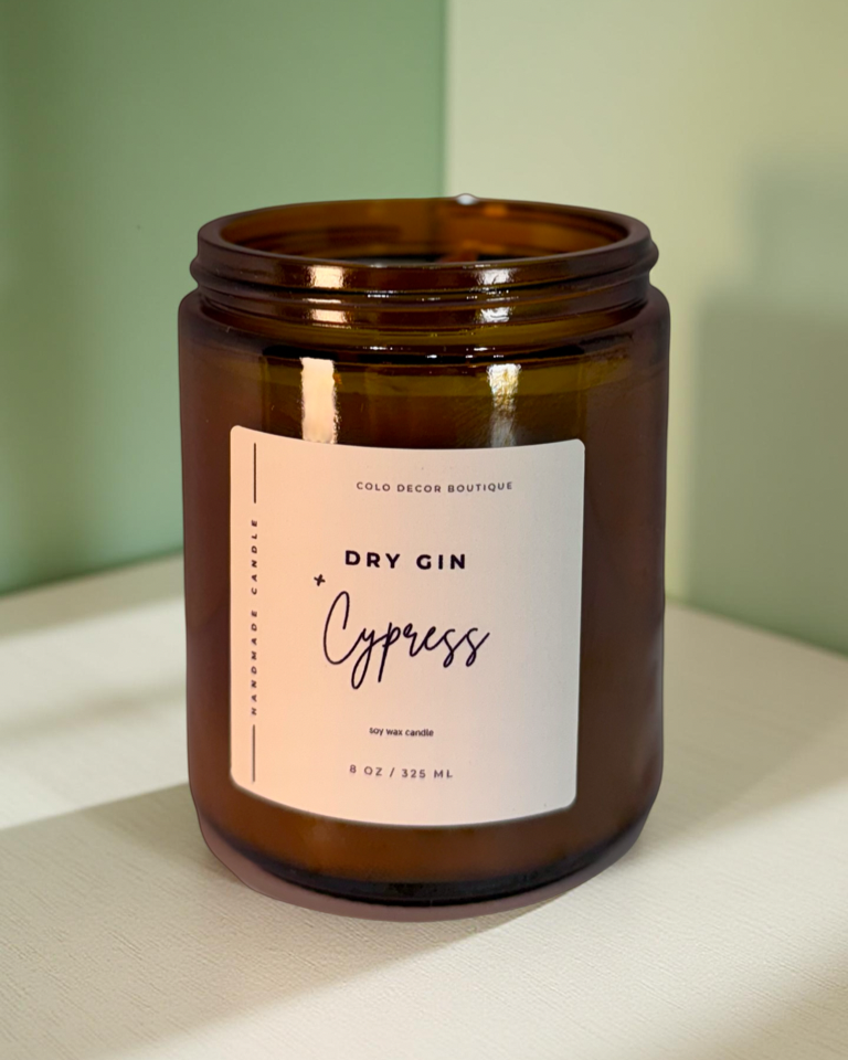 Dry Gin + Cypress — Handmade Soy Candle in Amber Jar with Wooden Wick | 8 oz
