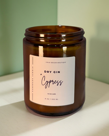Dry Gin + Cypress — Handmade Soy Candle in Amber Jar with Wooden Wick | 8 oz