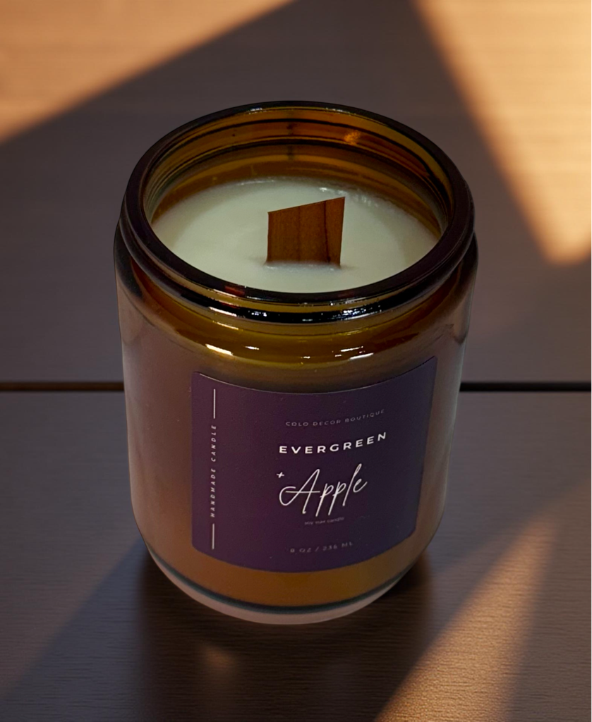 Evergreen + Apple — Handmade Soy Candle in Amber Jar | 8 oz