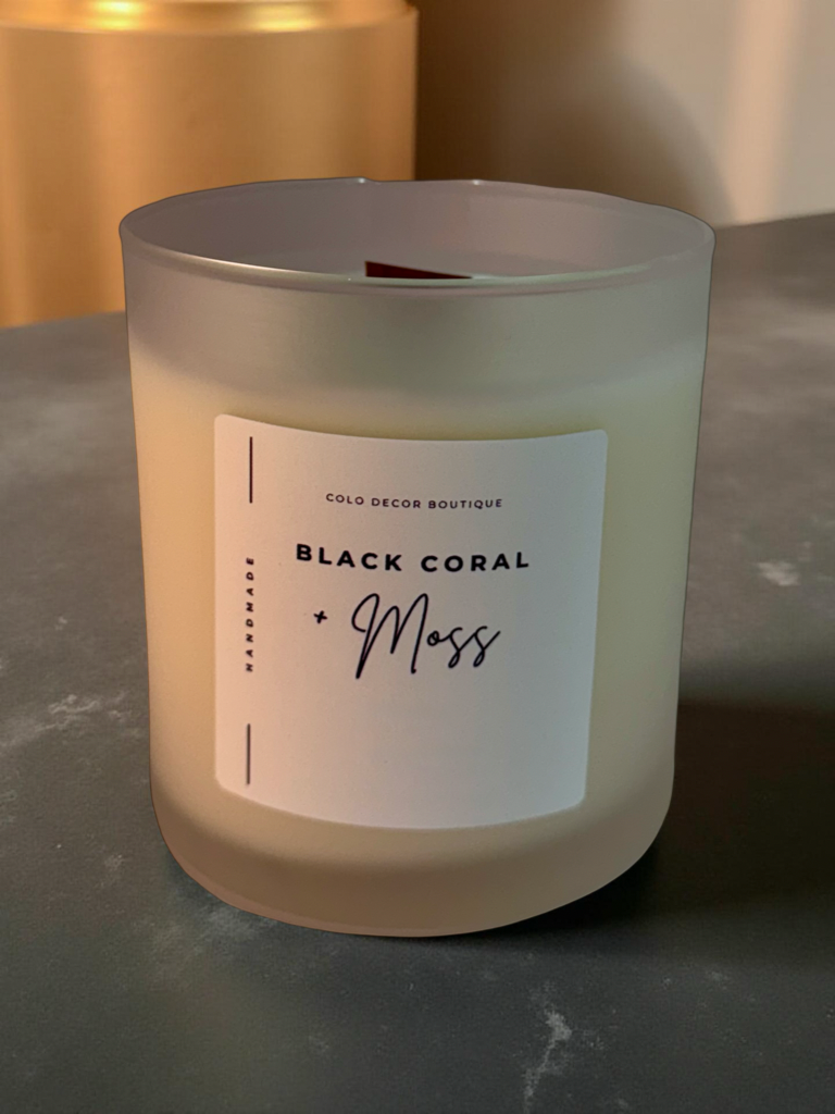 Black Coral + Moss — Handmade Soy Wax Candle in Frosted Glass Jar with Wooden Wick | 10 oz