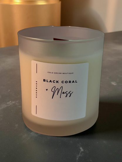 Black Coral + Moss — Handmade Soy Wax Candle in Frosted Glass Jar with Wooden Wick | 10 oz