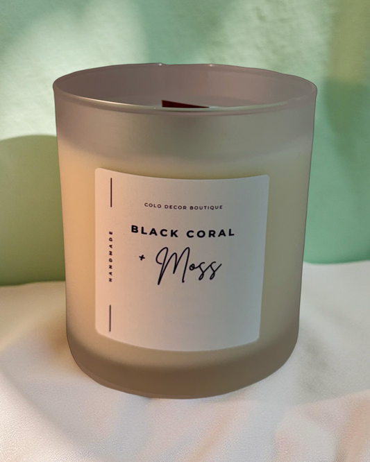 Black Coral + Moss — Handmade Soy Wax Candle in Frosted Glass Jar with Wooden Wick | 10 oz