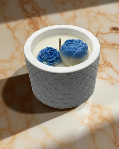 Handmade Soy Wax Candle with Dual Blue Peony Flowers in White Ceramic Jar | ~8.8 oz