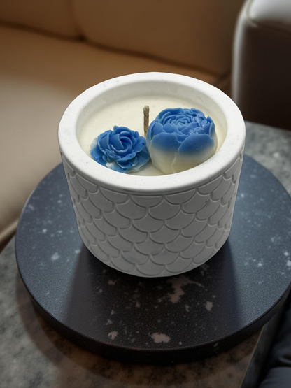 Handmade Soy Wax Candle with Dual Blue Peony Flowers in White Ceramic Jar | ~8.8 oz
