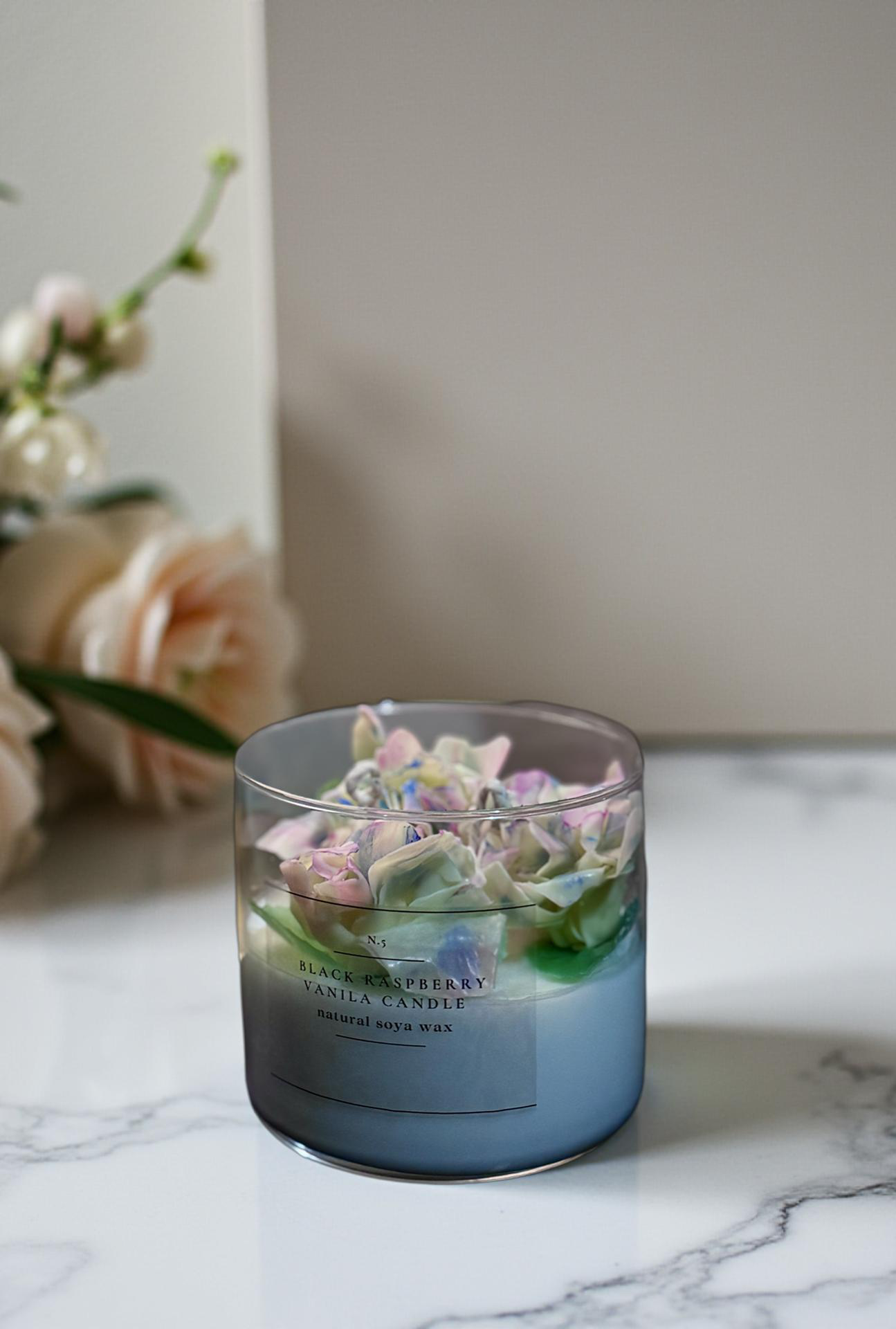 Handmade Soy Wax Candle with Sculpted Wax Flowers in Gradient Glass Jar | 10 oz