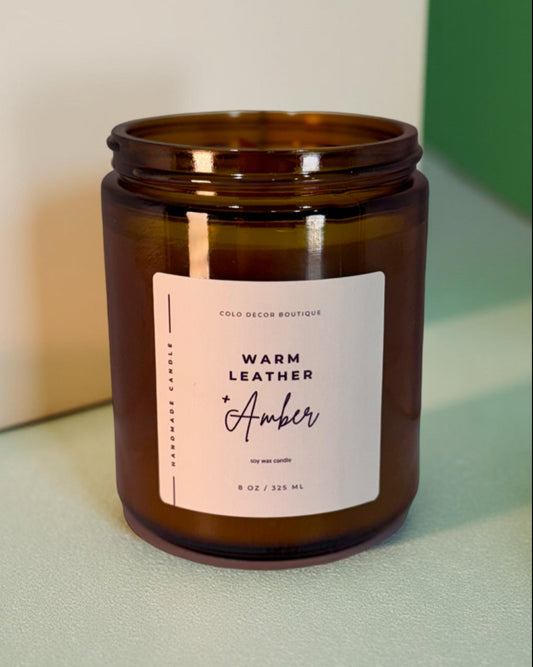 Warm Leather + Amber — Handmade Soy Candle in Amber Glass Jar | 8 oz