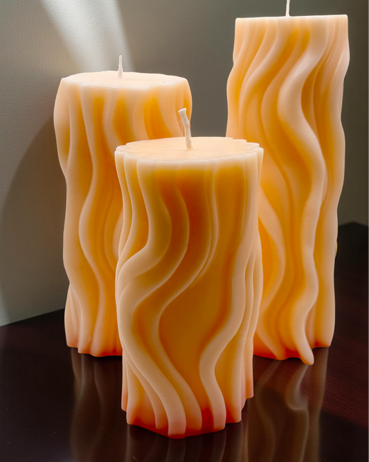 Wavy Pillar Candle Gift Set — Trio of Sculpted Soy Wax Candles | Elegant Decorative Gift Box