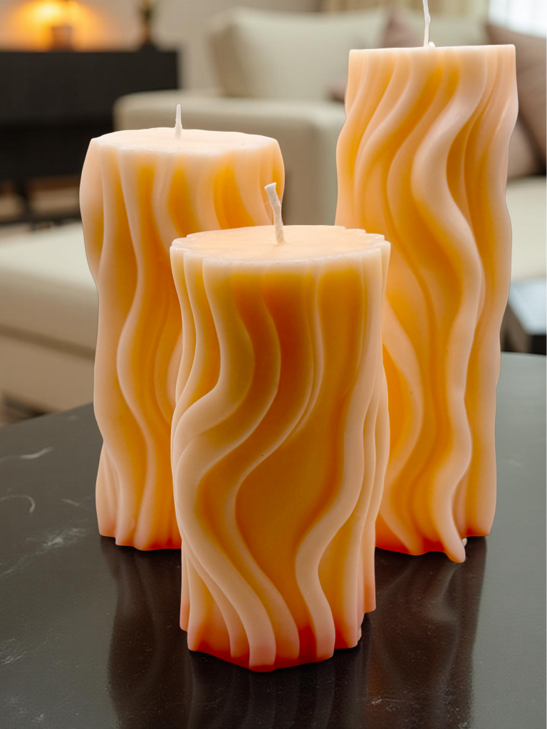 Wavy Pillar Candle Gift Set — Trio of Sculpted Soy Wax Candles | Elegant Decorative Gift Box