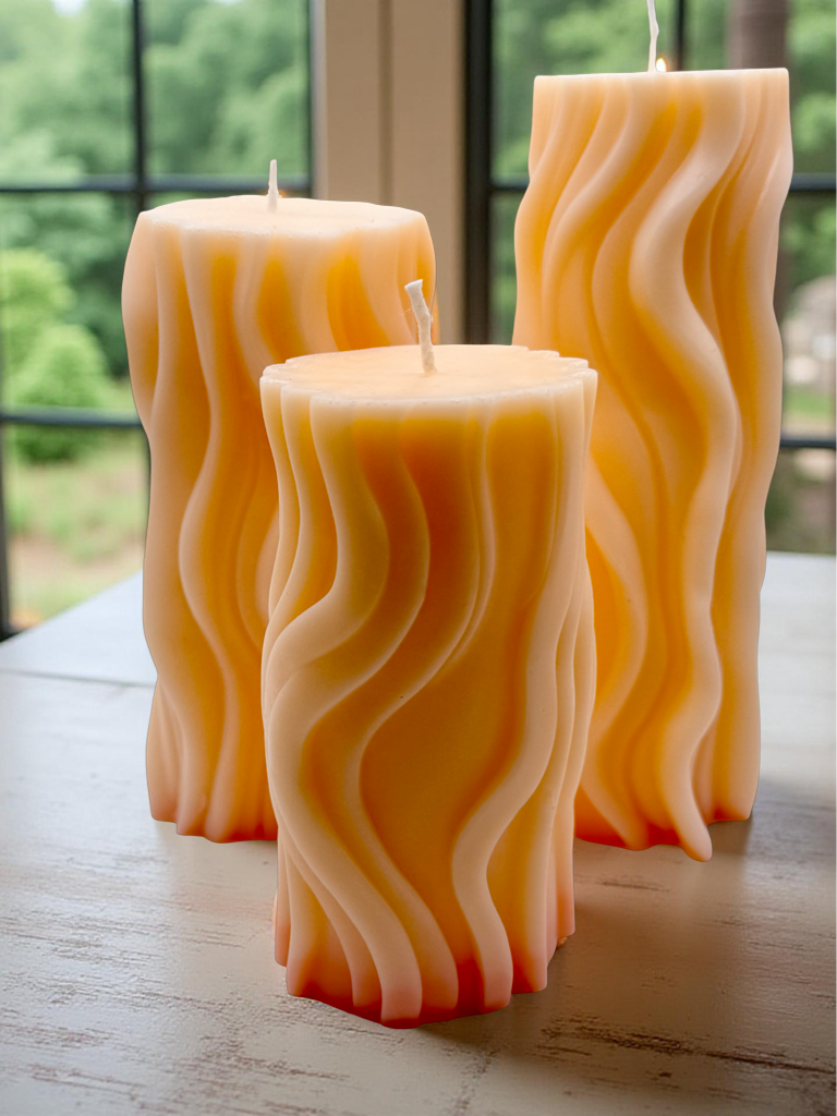 Wavy Pillar Candle Gift Set — Trio of Sculpted Soy Wax Candles | Elegant Decorative Gift Box