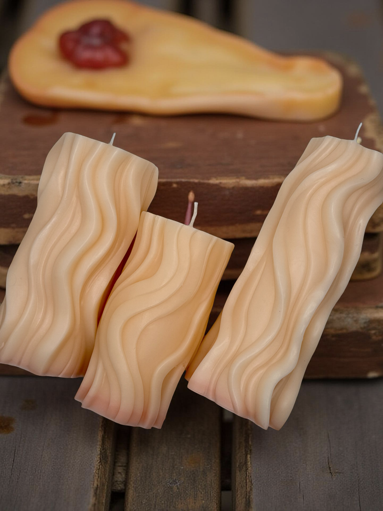 Wavy Pillar Candle Gift Set — Trio of Sculpted Soy Wax Candles | Elegant Decorative Gift Box