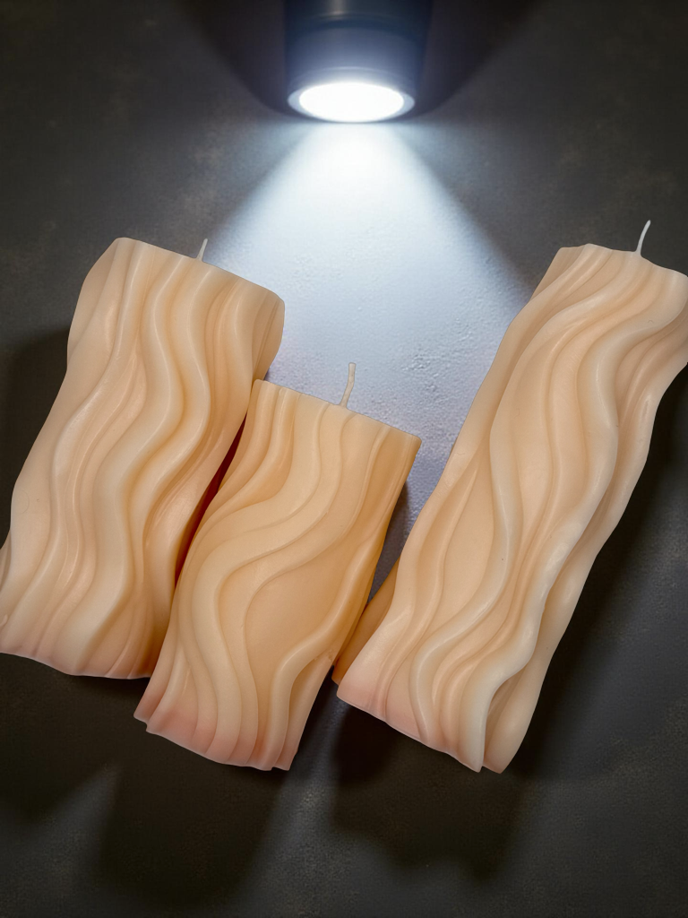 Wavy Pillar Candle Gift Set — Trio of Sculpted Soy Wax Candles | Elegant Decorative Gift Box