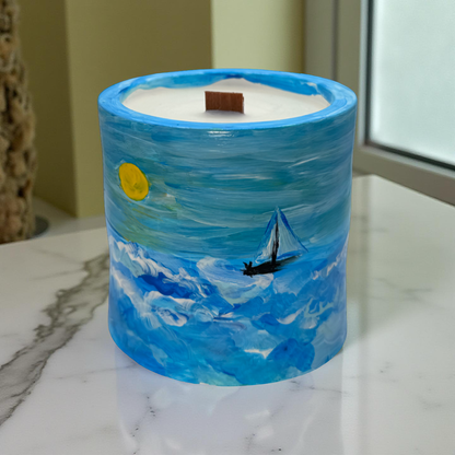 Ocean Horizon — Hand-Painted Soy Wax Candle in Artistic Coastal Jar | One-of-a-Kind