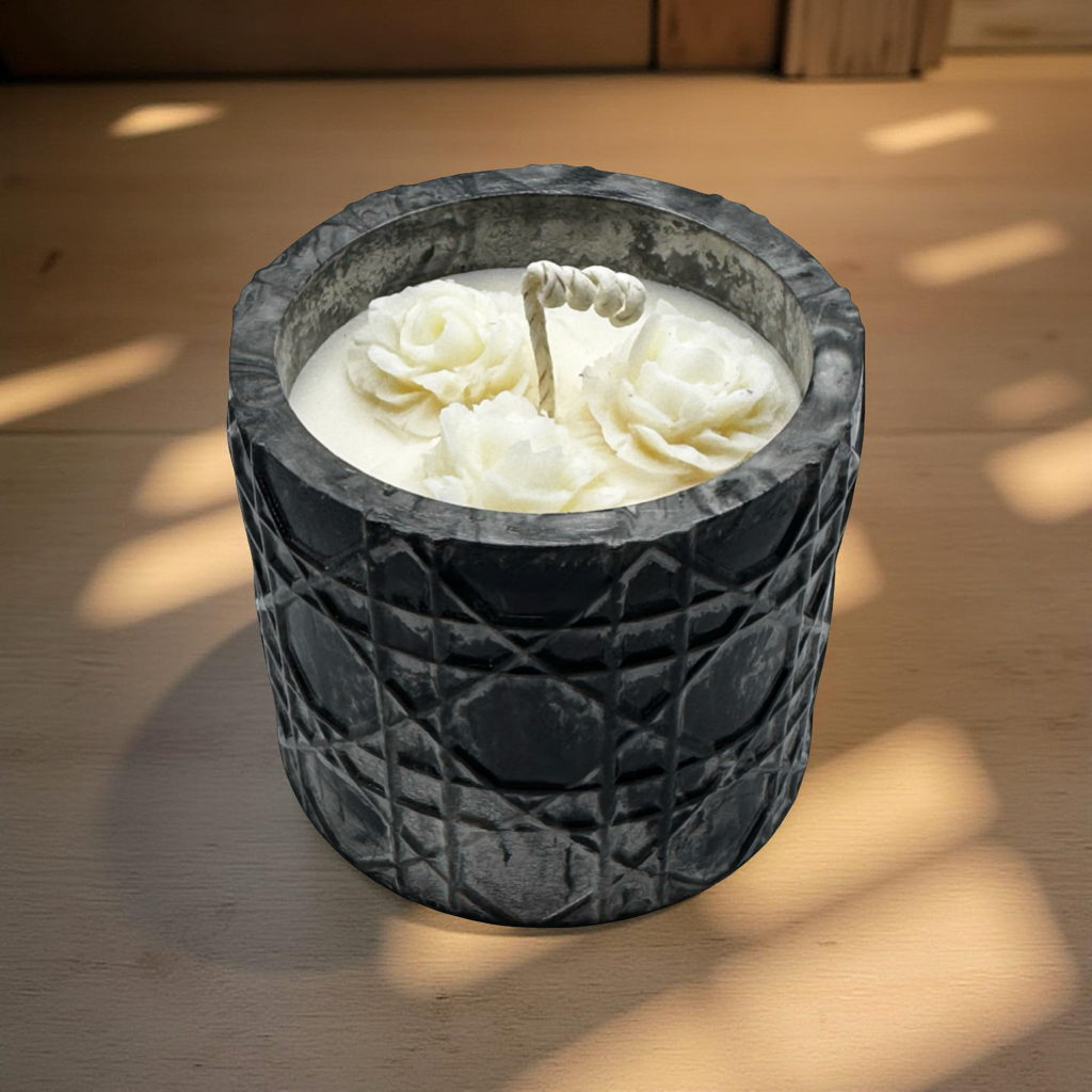 Black Rose — Handmade Soy Wax Candle in Textured Black Marble Vessel with White Flower Wax Detail | 8.8 oz
