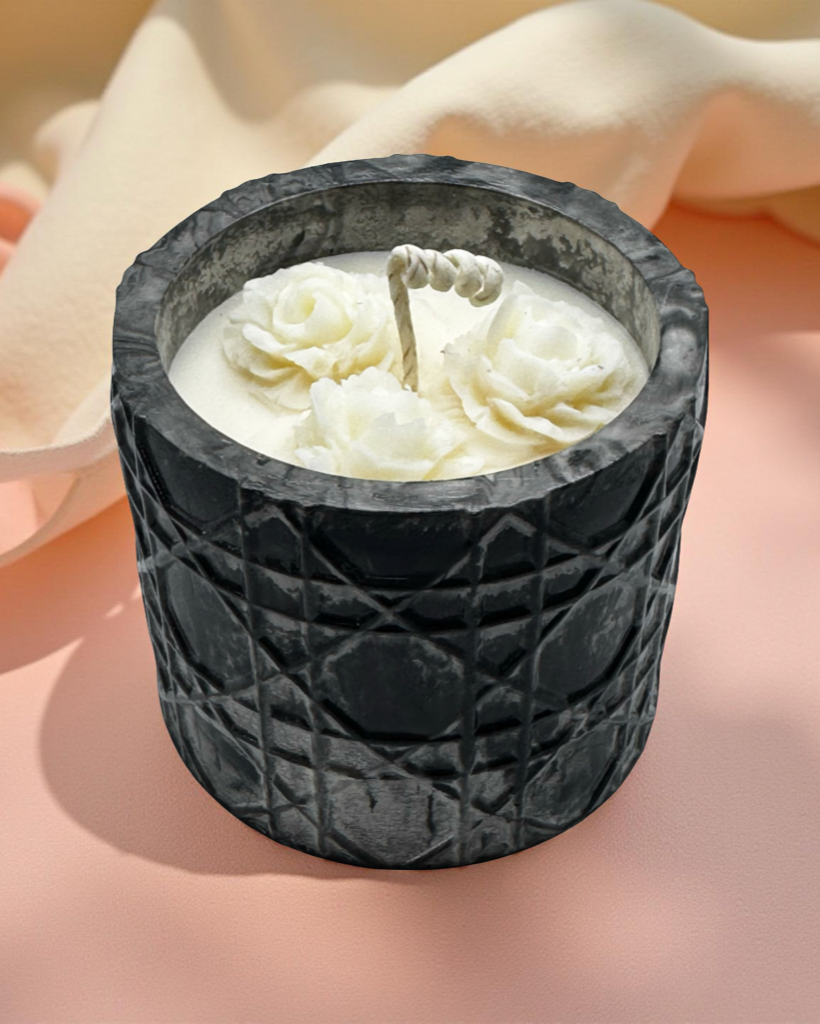 Black Rose — Handmade Soy Wax Candle in Textured Black Marble Vessel with White Flower Wax Detail | 8.8 oz