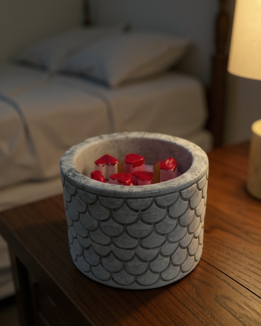 Heart Whisper — Handmade Soy Wax Candle in Carved Gray Jar with Wooden Wick | 9 oz