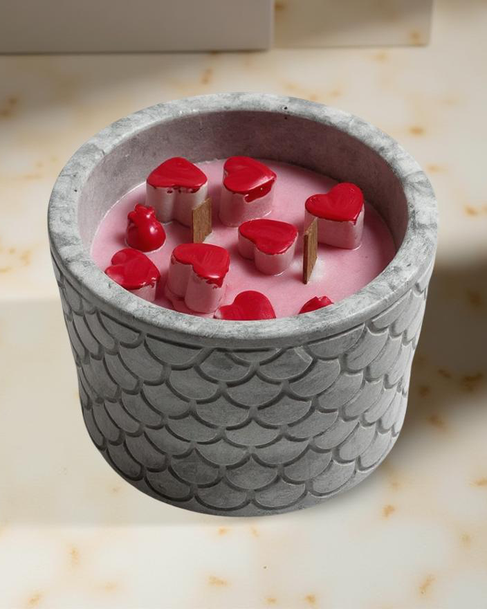Heart Whisper — Handmade Soy Wax Candle in Carved Gray Jar with Wooden Wick | 9 oz