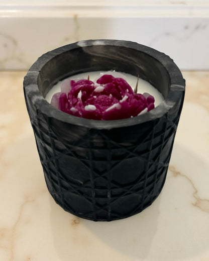 Midnight Peony — Handmade Soy Wax Candle in Black Carved Jar with Wooden Wick | 9 oz