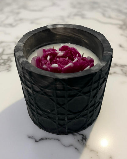 Midnight Peony — Handmade Soy Wax Candle in Black Carved Jar with Wooden Wick | 9 oz