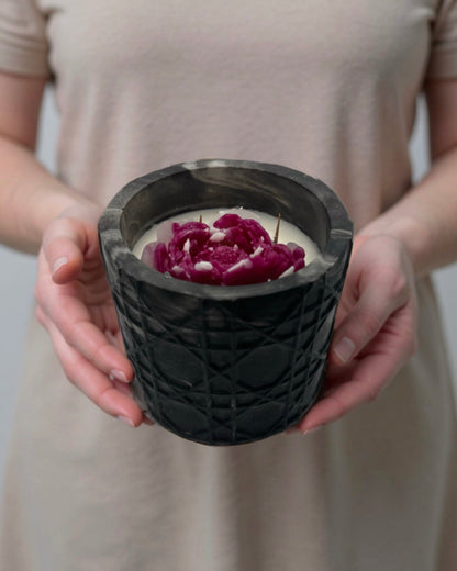 Midnight Peony — Handmade Soy Wax Candle in Black Carved Jar with Wooden Wick | 9 oz
