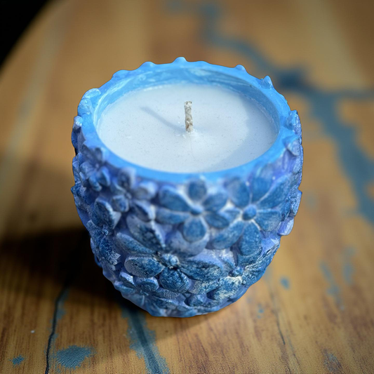 Neroli & White Jasmine — Handmade Soy Wax Candle in Blue Floral Sculpted Vessel | 6 oz