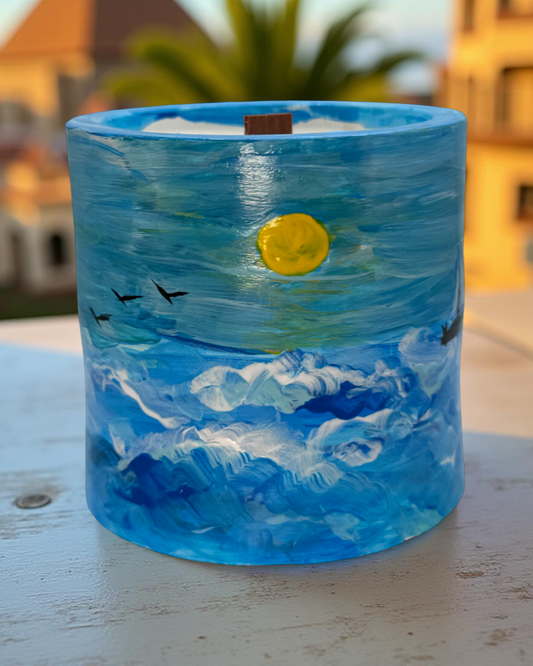Ocean Horizon — Hand-Painted Soy Wax Candle in Artistic Coastal Jar | One-of-a-Kind