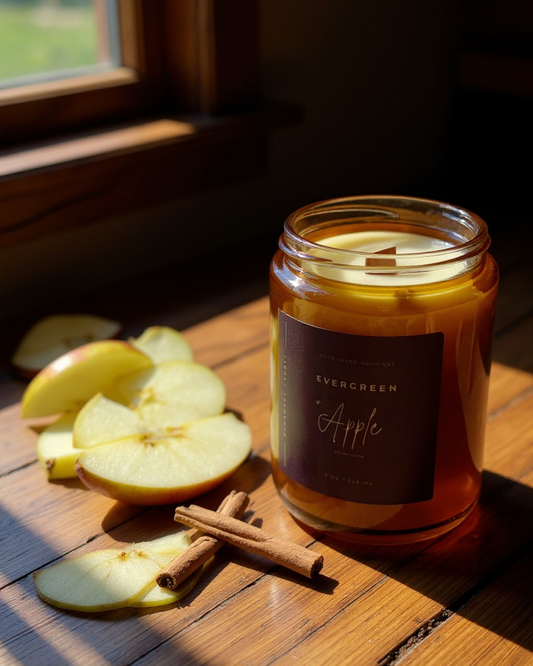 Evergreen + Apple — Handmade Soy Candle in Amber Jar | 8 oz