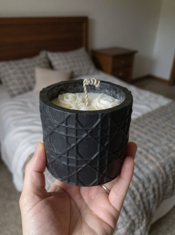 Black Rose — Handmade Soy Wax Candle in Textured Black Marble Vessel with White Flower Wax Detail | 8.8 oz
