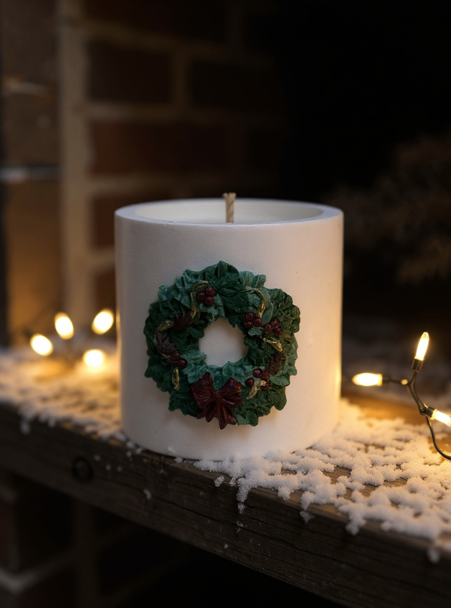 Christmas Wreath — Handmade Soy Wax Candle in White Plaster Jar | 8 oz