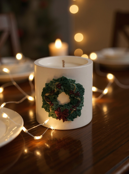 Christmas Wreath — Handmade Soy Wax Candle in White Plaster Jar | 8 oz