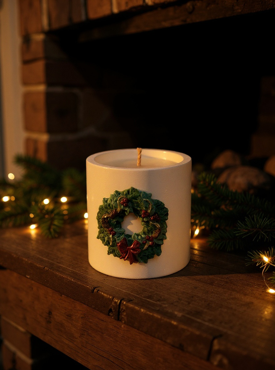 Christmas Wreath — Handmade Soy Wax Candle in White Plaster Jar | 8 oz