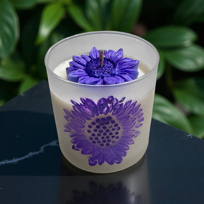 Purple Sunflower — Handmade Soy Wax Candle in Frosted Glass Jar with Floral Design | 8 oz