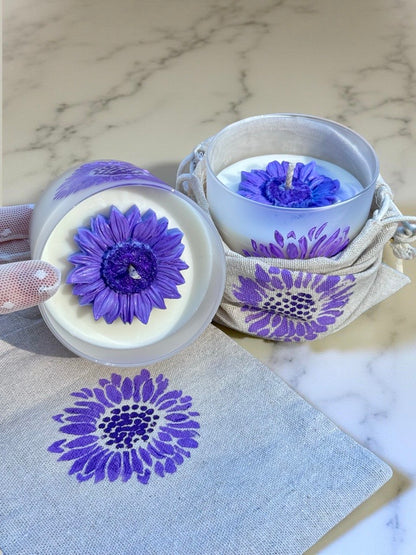 Purple Sunflower — Handmade Soy Wax Candle in Frosted Glass Jar with Floral Design | 8 oz