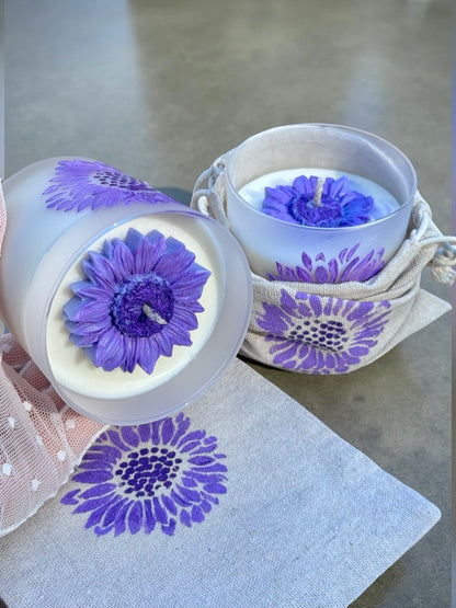 Purple Sunflower — Handmade Soy Wax Candle in Frosted Glass Jar with Floral Design | 8 oz
